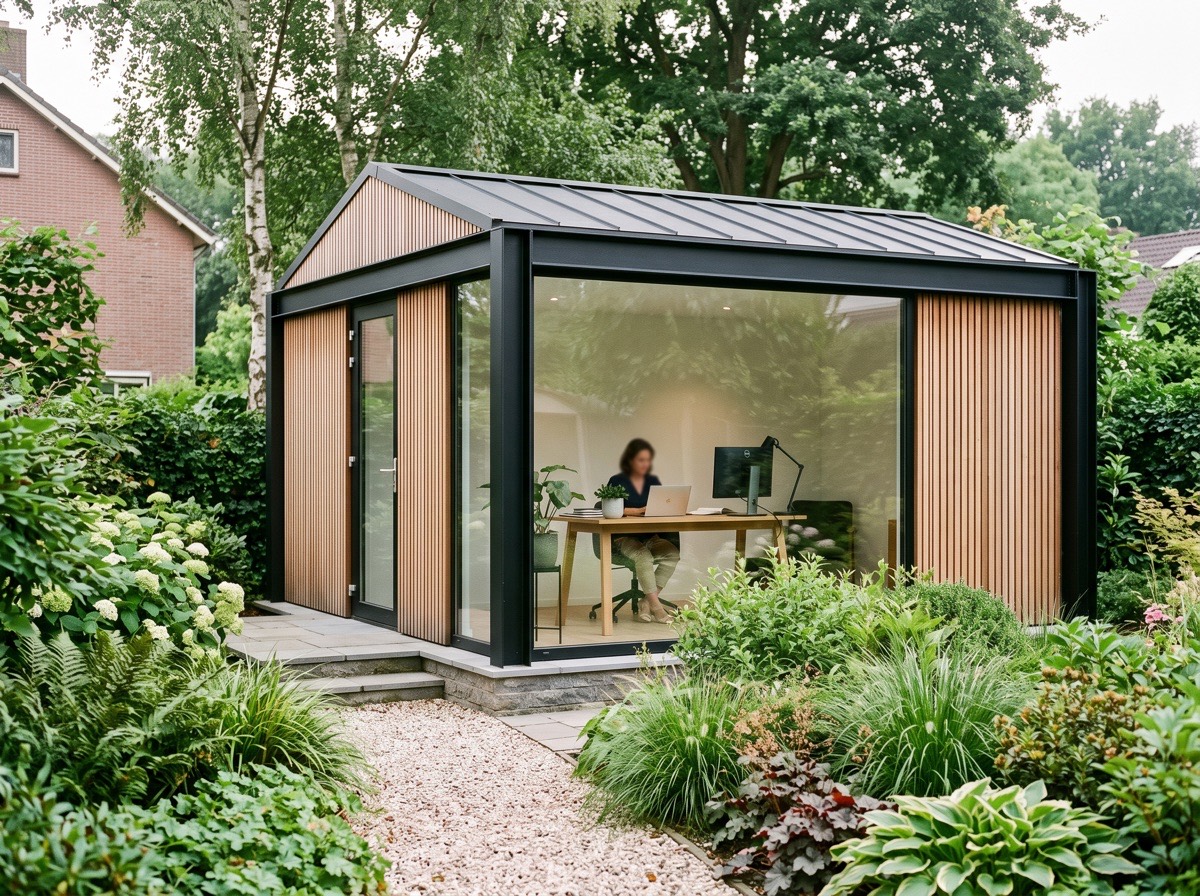 Tuinkantoor met glazen voorwand en bureau, gezien vanuit de tuin